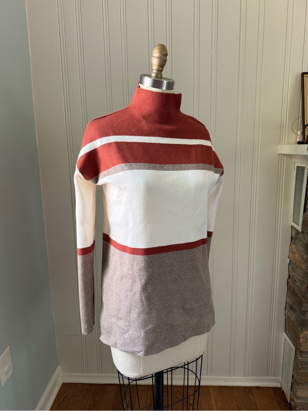 Cynthia Rowley Rust, White & Taupe Mock Neck Colorblock Sweater